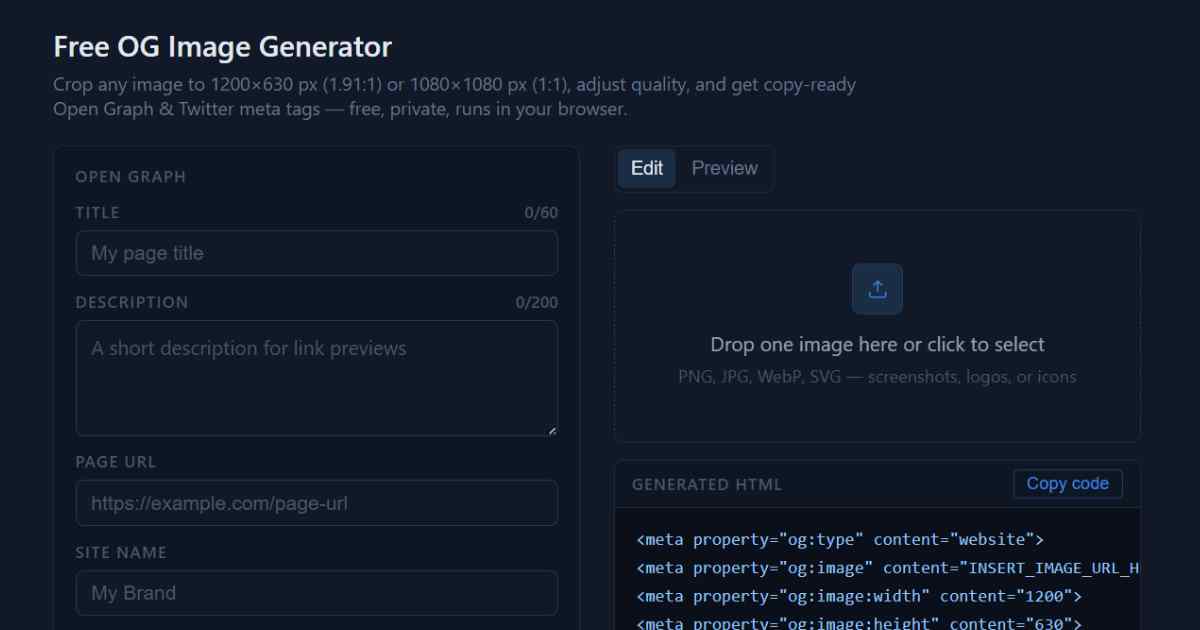 Free OG Image Generator — Crop to 1200×630 & Get Meta Tags | Abect